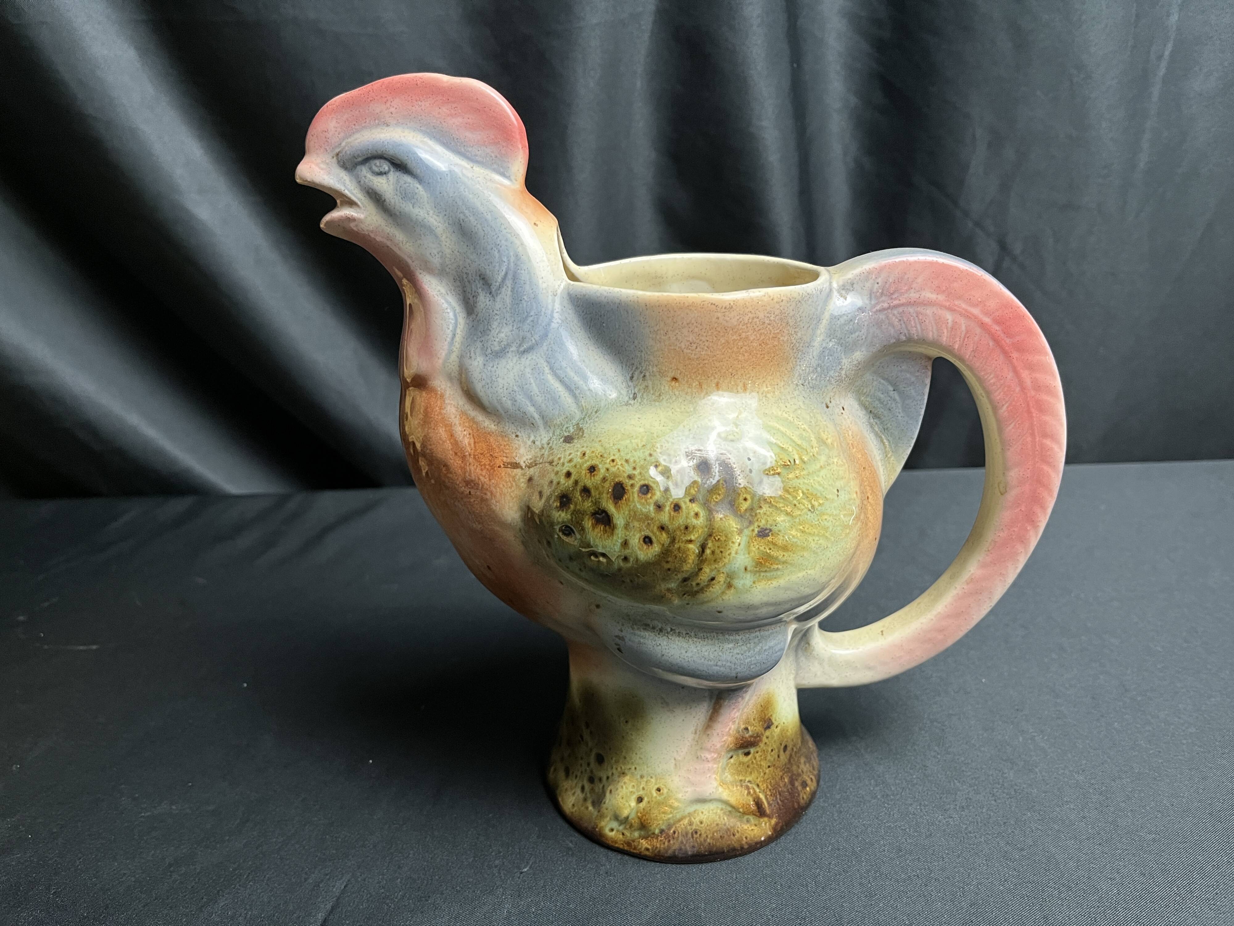 Polychrome earthenware rooster pitcher, 20th century