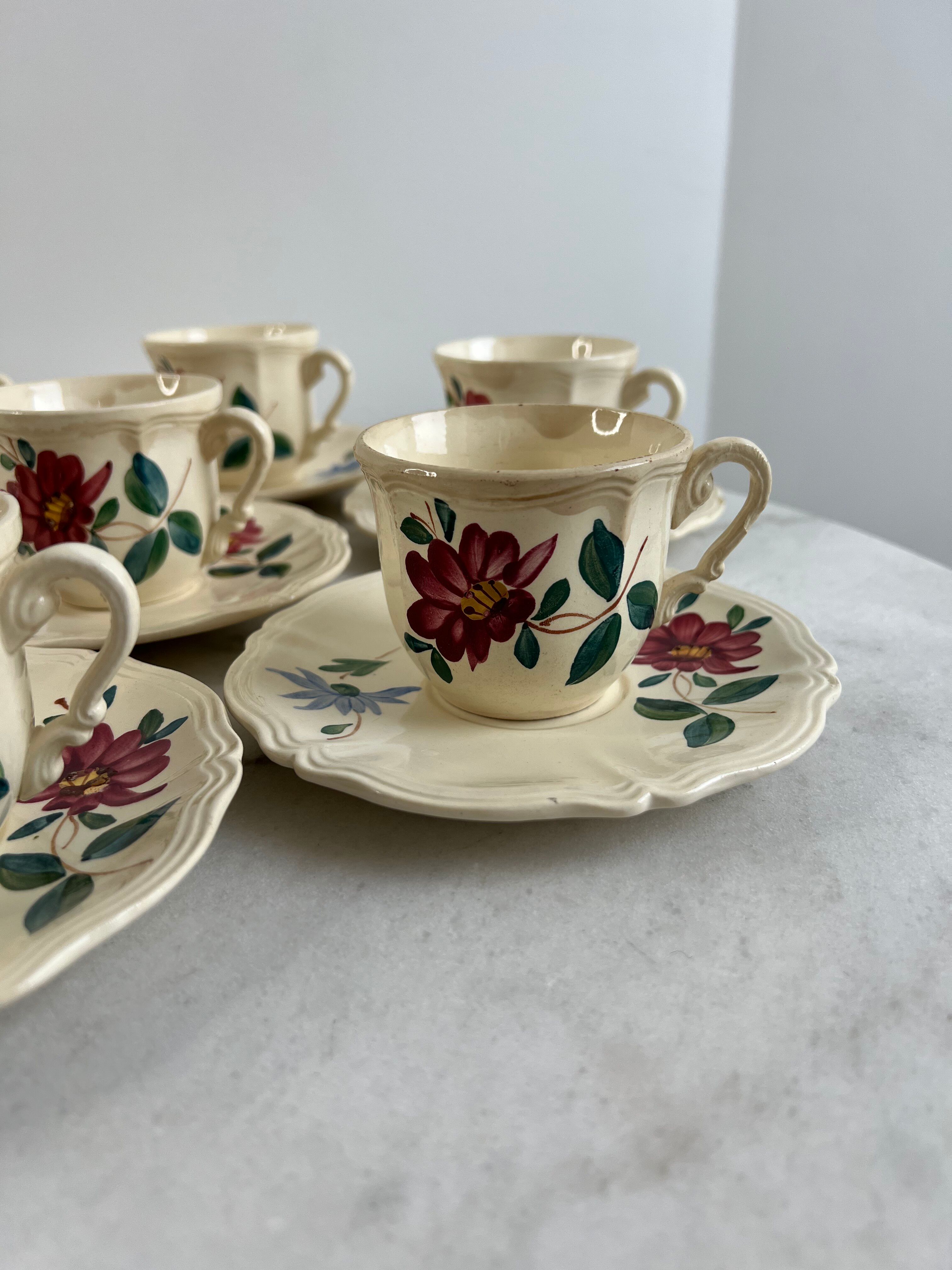 Set of 8 hand-painted coffee cups Sarreguemines Terre de fer