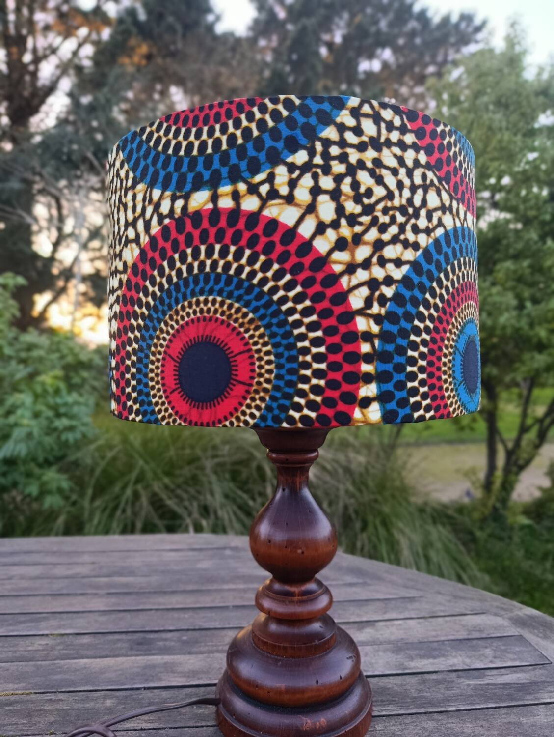 rustic chic solid wood lamp, ethnic wax lampshade with circles