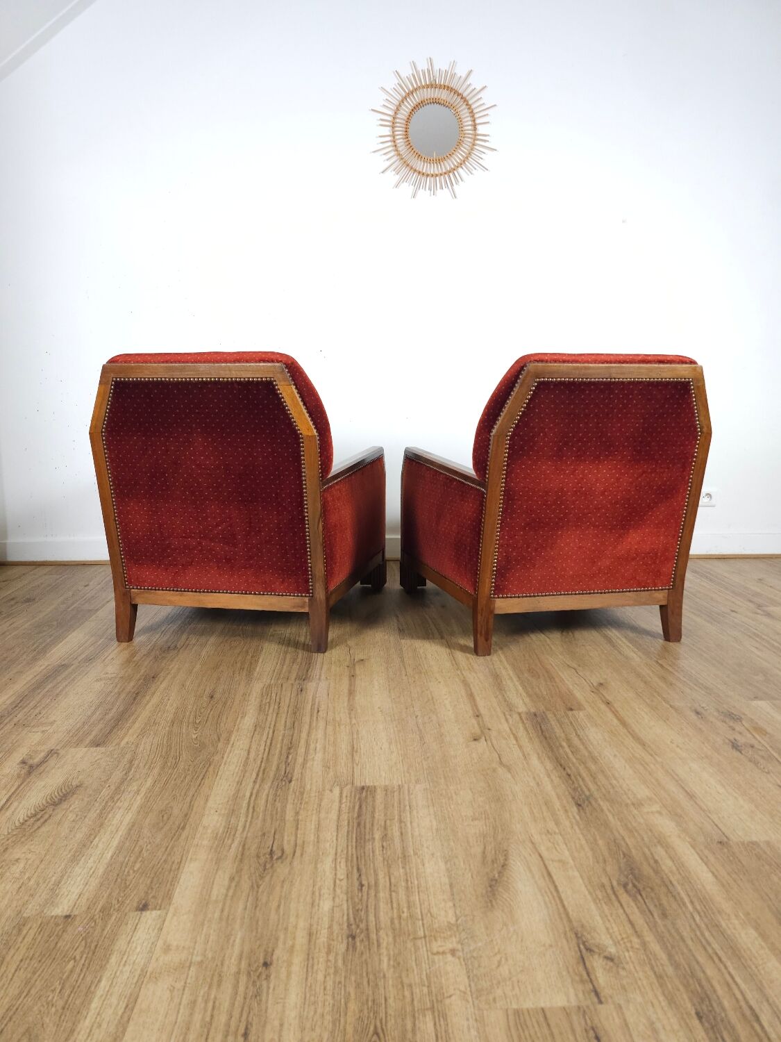 Pair of Art Deco Armchairs, Solid Wood and Red Velvet
