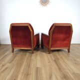 Pair of Art Deco Armchairs, Solid Wood and Red Velvet