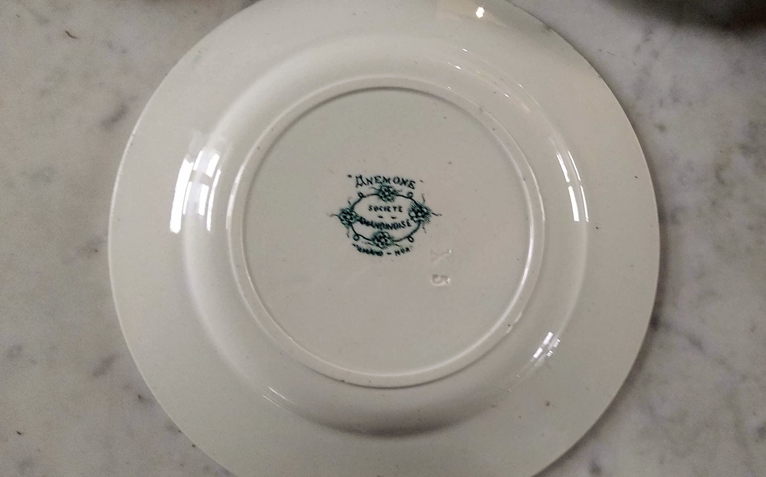 6 flat plates Anémone from St Amand in gray green color