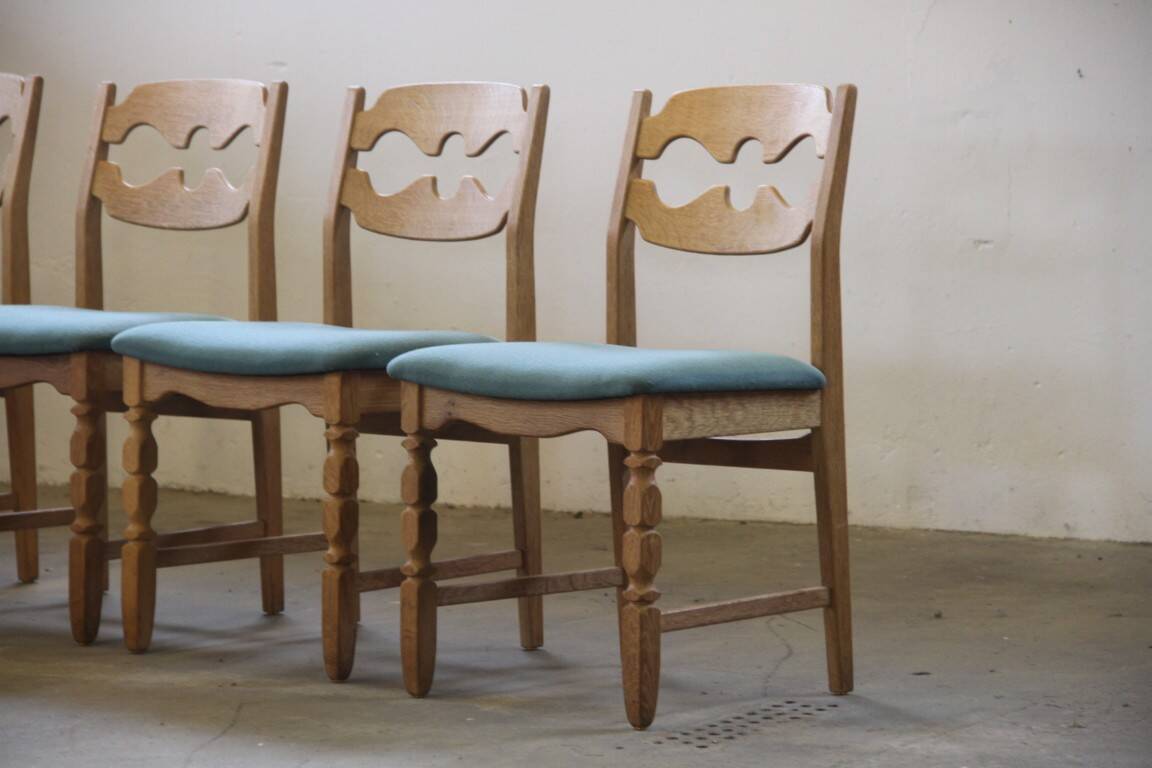 1960s Danish brutalist oak Razorblade dining chairs attributed to Henning Kjærnulf