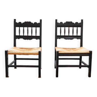 2 chaises de chambre basses en paille de riz tissée à la main, années 1950/1960