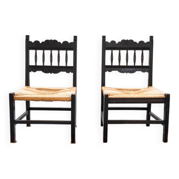 2 low bedroom chairs in hand-woven rice straw, 1950s/1960s