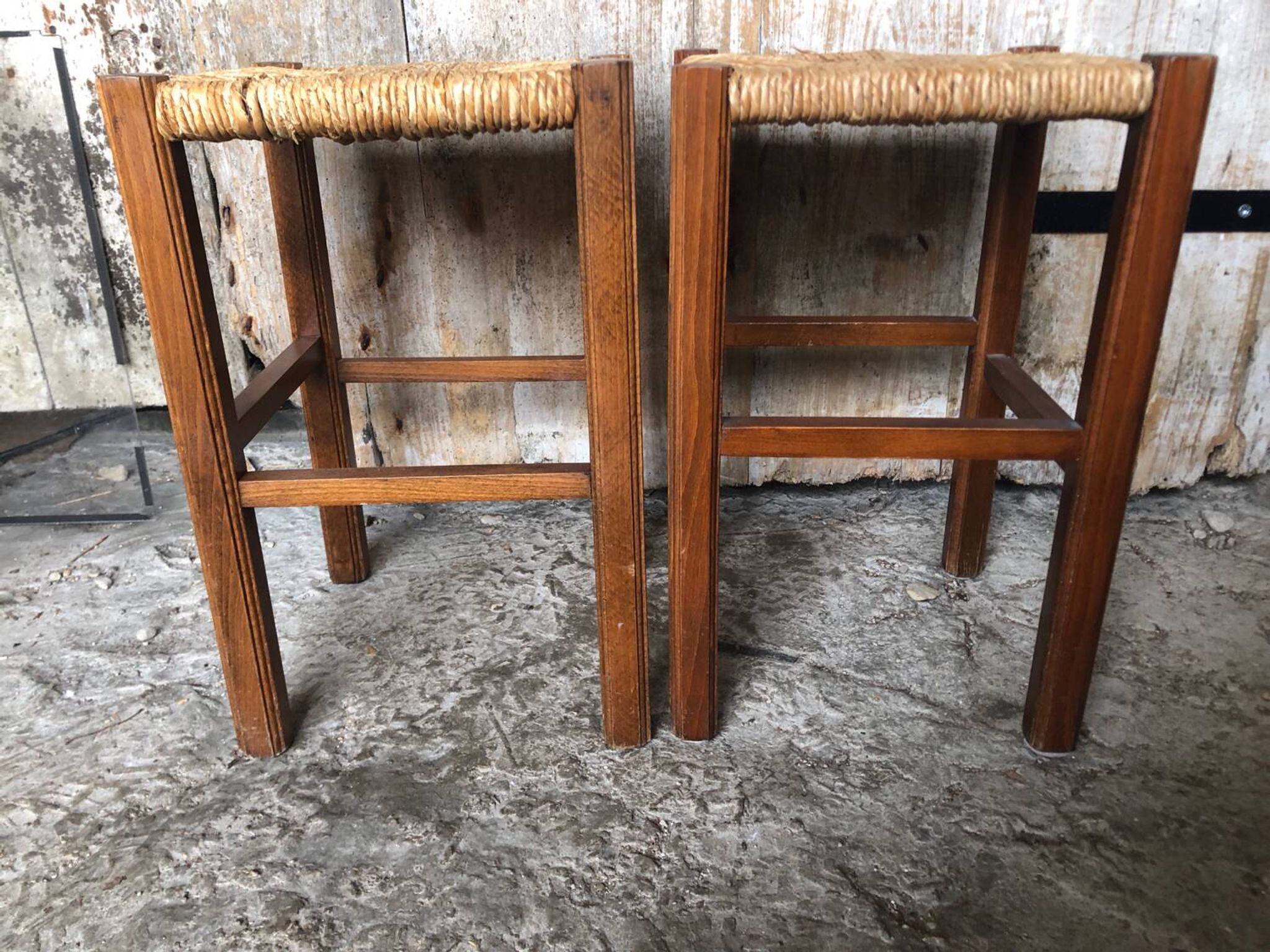 Pair of Old Carved Wood Stool + Vintage Straw Seat #A630
