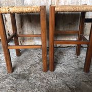 Pair of Old Carved Wood Stool + Vintage Straw Seat #A630