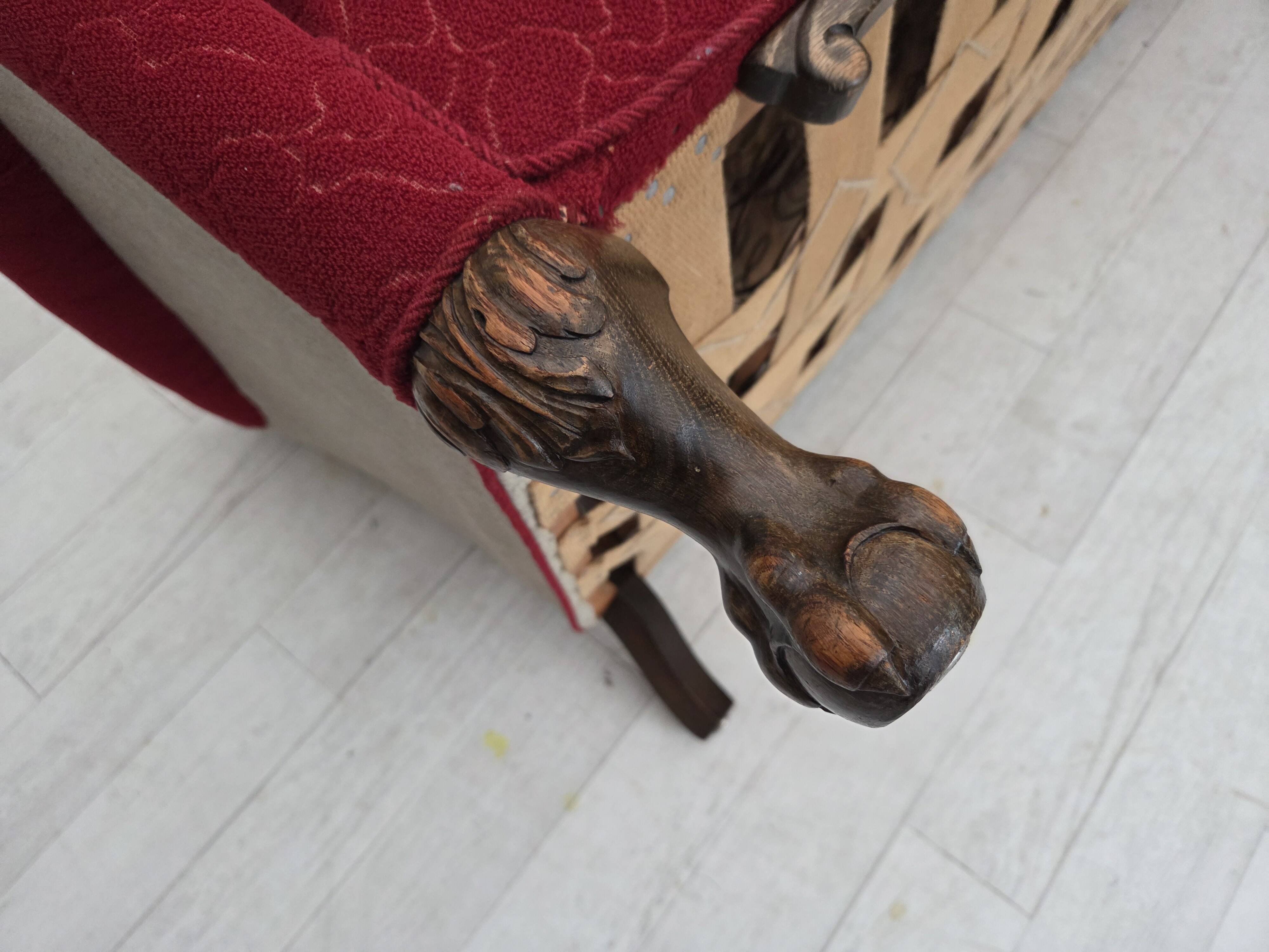 1950s, Danish 3-seater sofa, red and light grey furniture wool, oak wood.