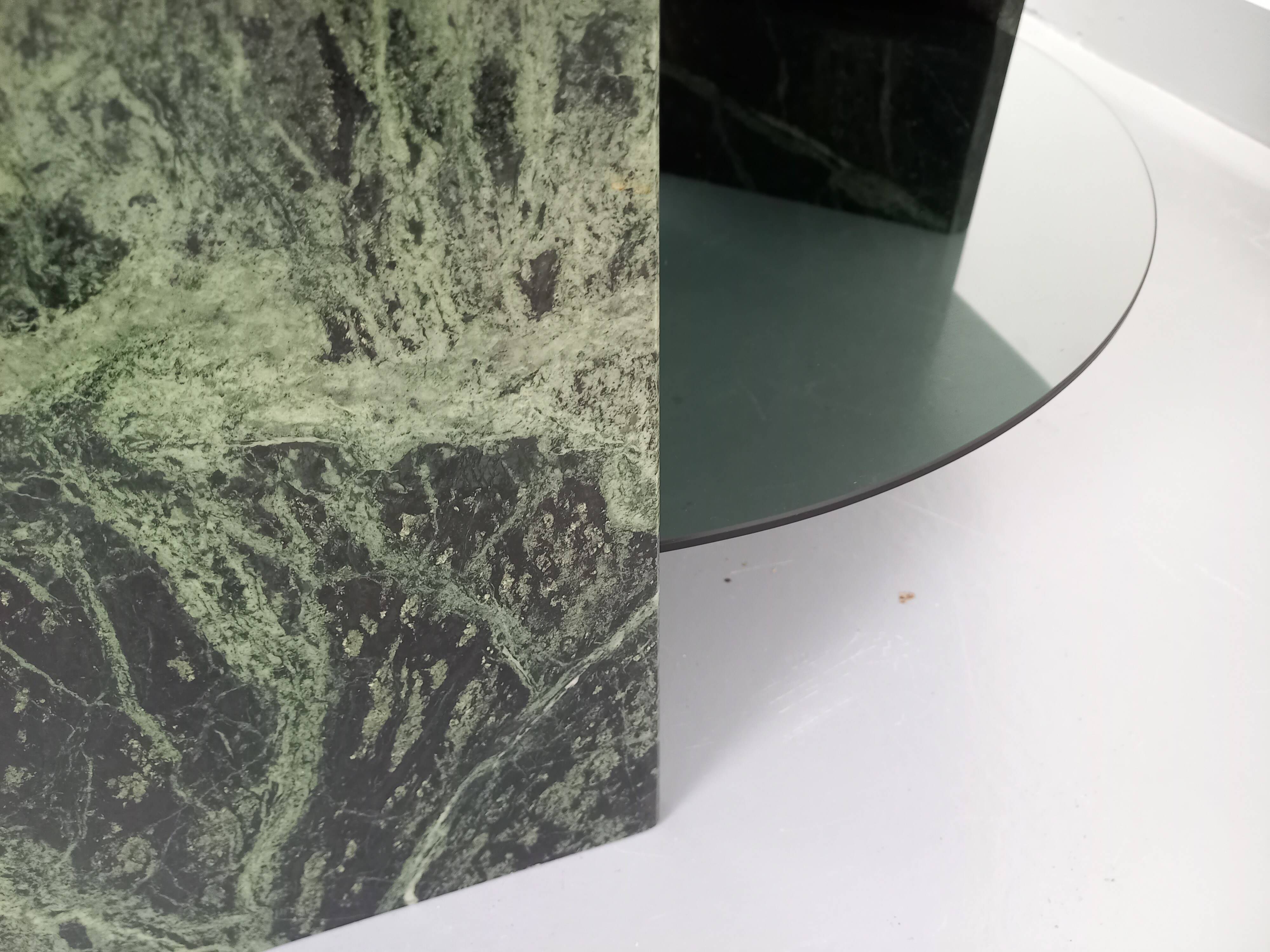 Vintage square coffee table with 2 green marble and smoked glass tops