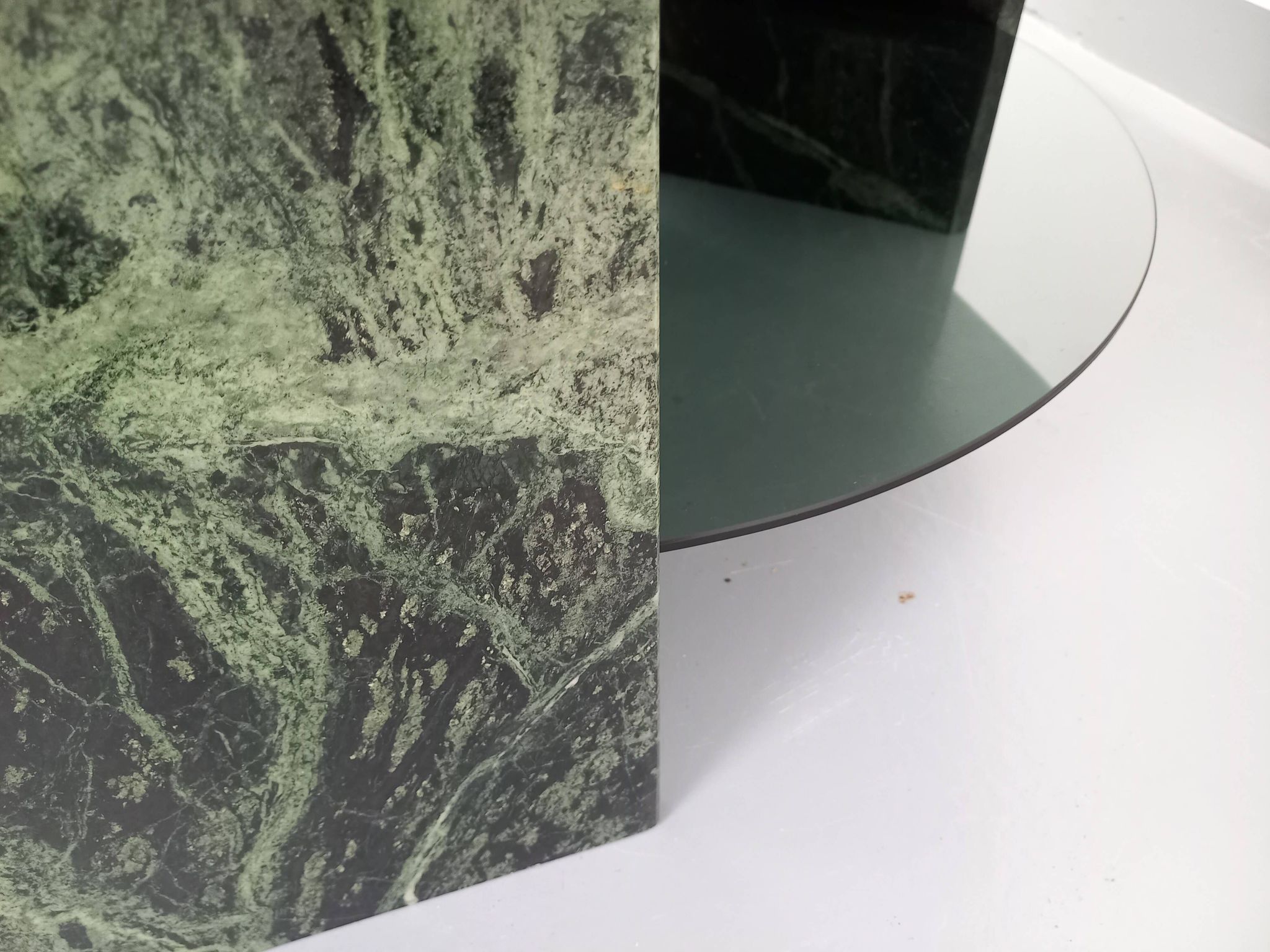 Vintage square coffee table with 2 green marble and smoked glass tops