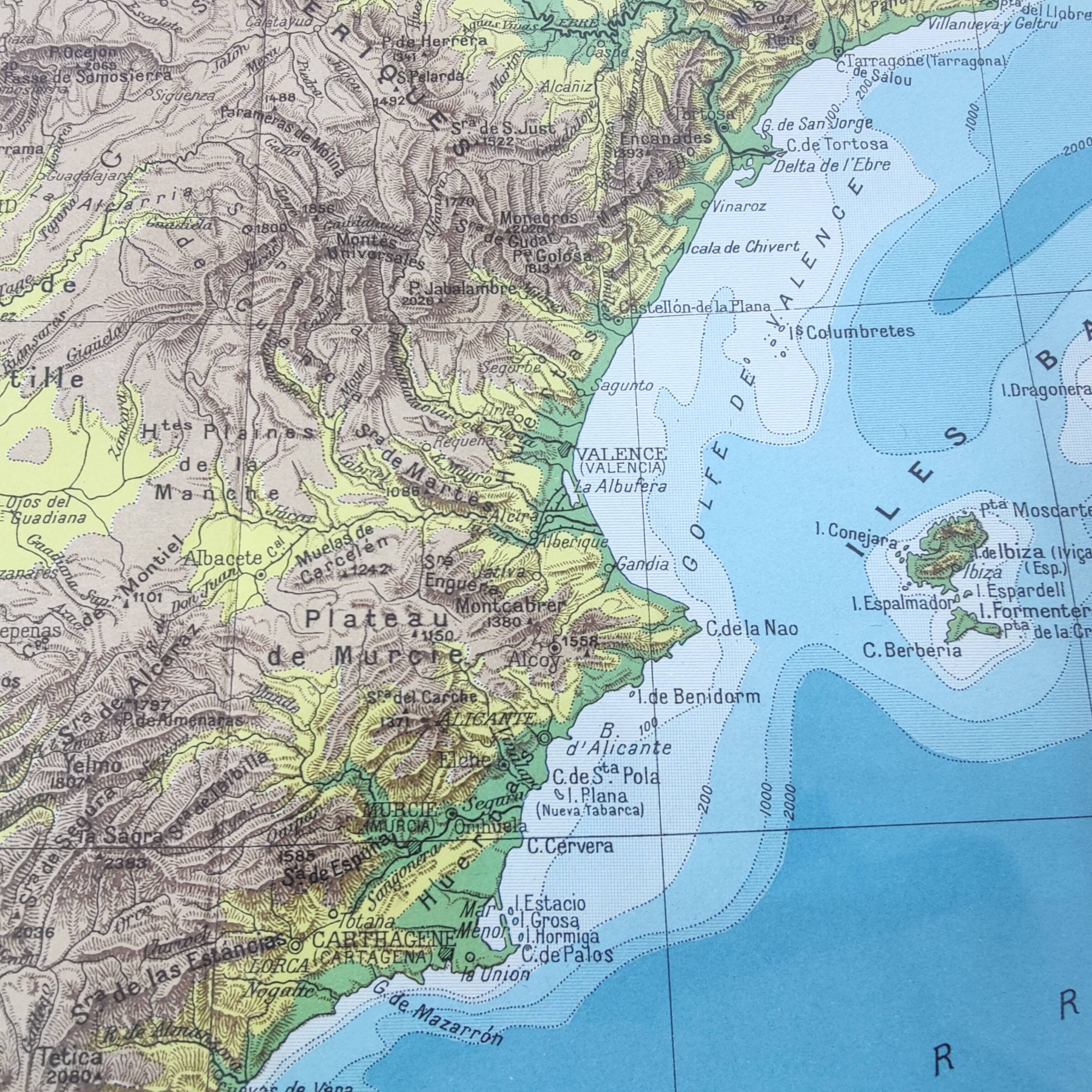 Spain and Portugal map in vintage colors 43x43cm from 1950