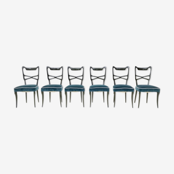 Ensemble vintage de six chaises de salle à manger en velours bleu dans le style d’Ulrich, Italie