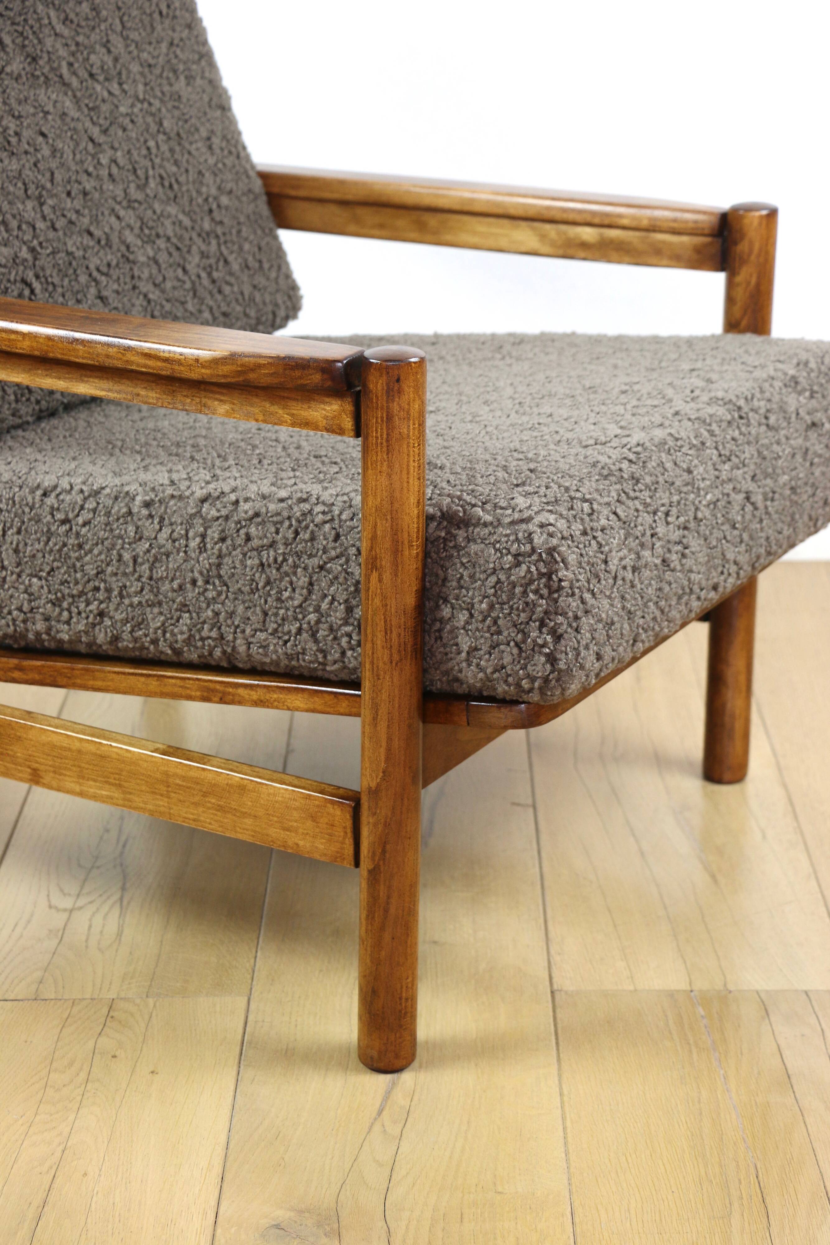 Wooden armchair designed by Z. Baczyk brown vintage chocolate brown boucle lamb