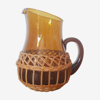 Brown glass decanter/pitcher with 70s wicker basket