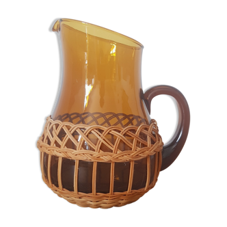 Brown glass decanter/pitcher with 70s wicker basket