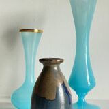 Vintage Blue Stoneware and Opaline Glass VASES