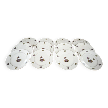 Set of 12 flat plates Limoges hydrangea basket design