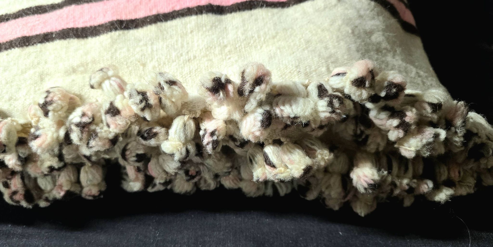 Vintage Berber blanket in neon pink, black and cream striped wool