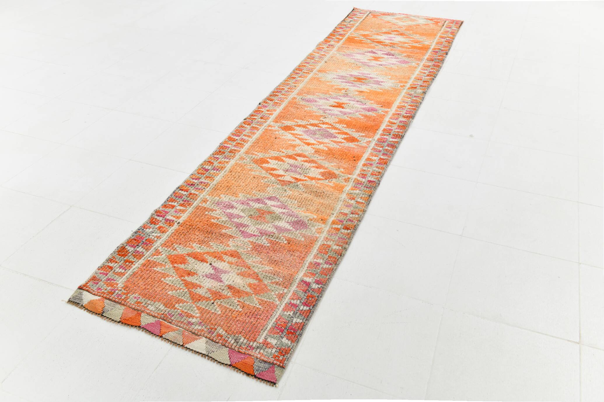 3x12 Soft Orange & Pink Handwoven Geometric Pattern Turkish Runner,87x352Cm