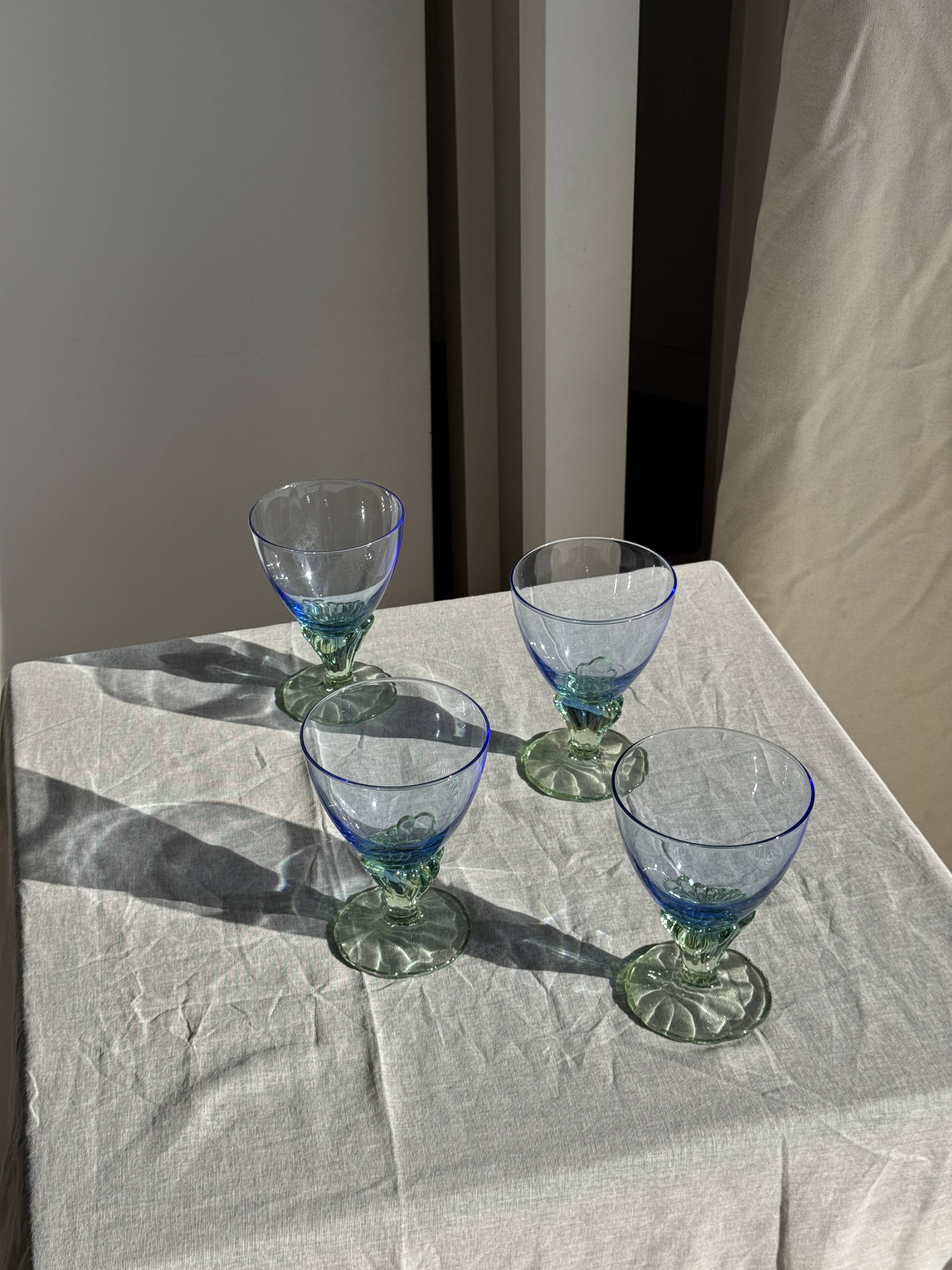 Set of 4 large blue and green glasses H14 D10