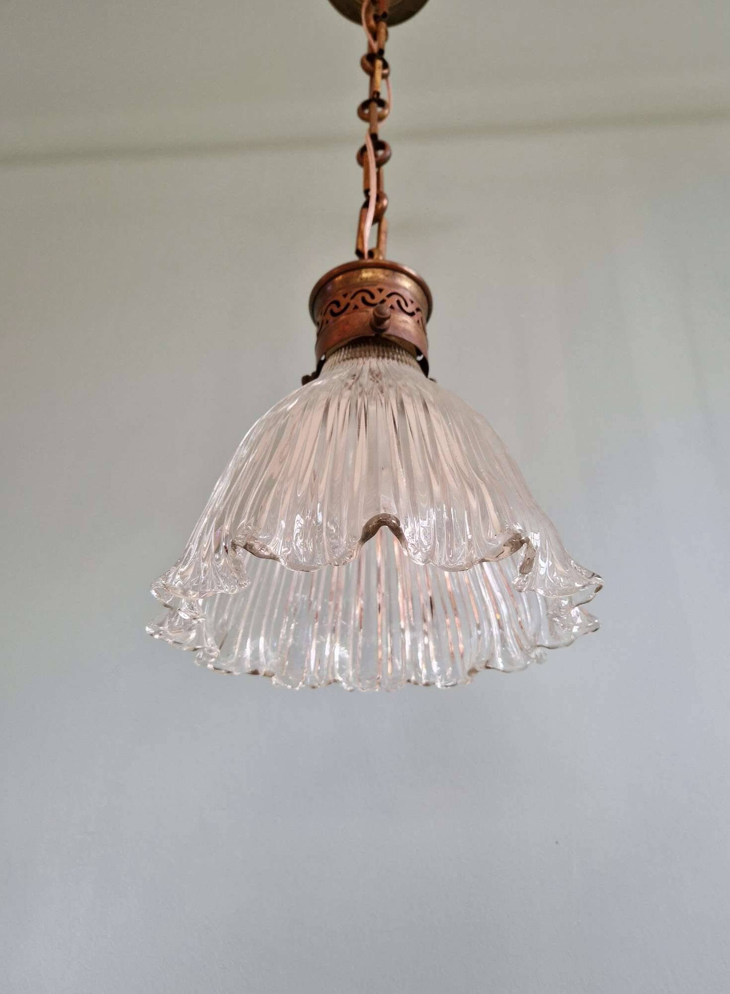 Art Deco Holophane pendant light in clear grooved glass, 1920-30