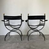 Pair of leather “curule” emperor armchairs