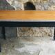 Black pietement farm table - metal strapping - turned feet - 20th century