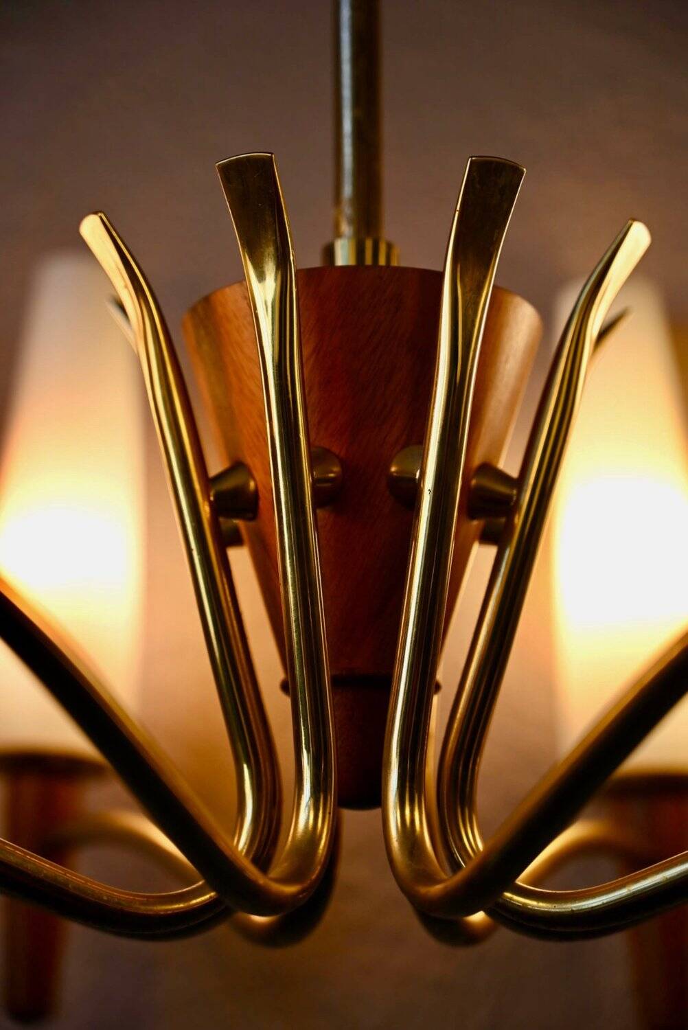 Scandinavian mid-century chandelier, teak, brass, opaline glass, 8 arms, 1950-1960.