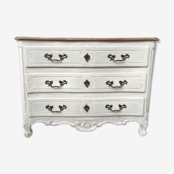 Louis XV style chest of drawers patinated linen over walnut