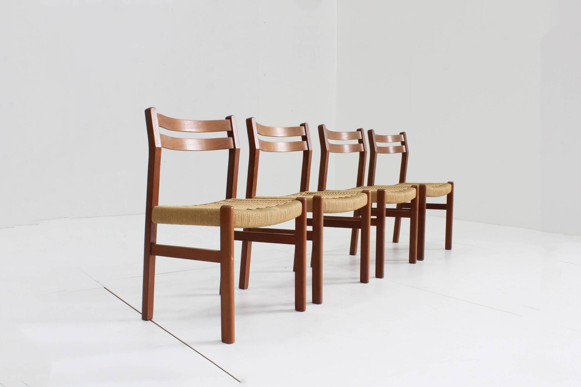 Mid Century Danish teak and paper cord dining chairs 1960s , set of 4