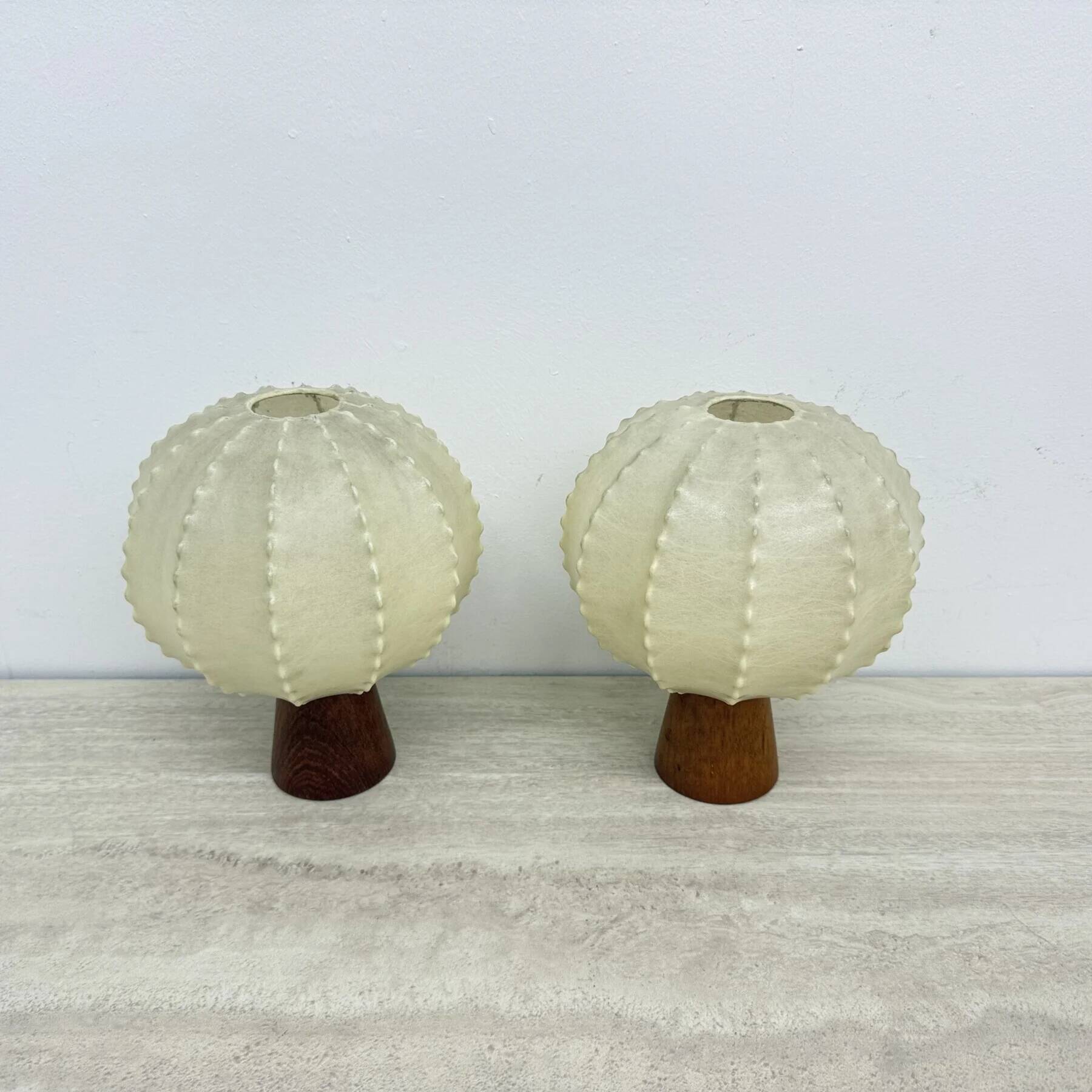 Pair of Goldkant Leuchten cocoon with teak base table lamps, 1970s