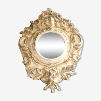 Miroir rond à encadrement floral style Marie-Antoinette patine à l'ancienne