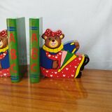 Vintage wooden bookends for kids, bear & books polychrome