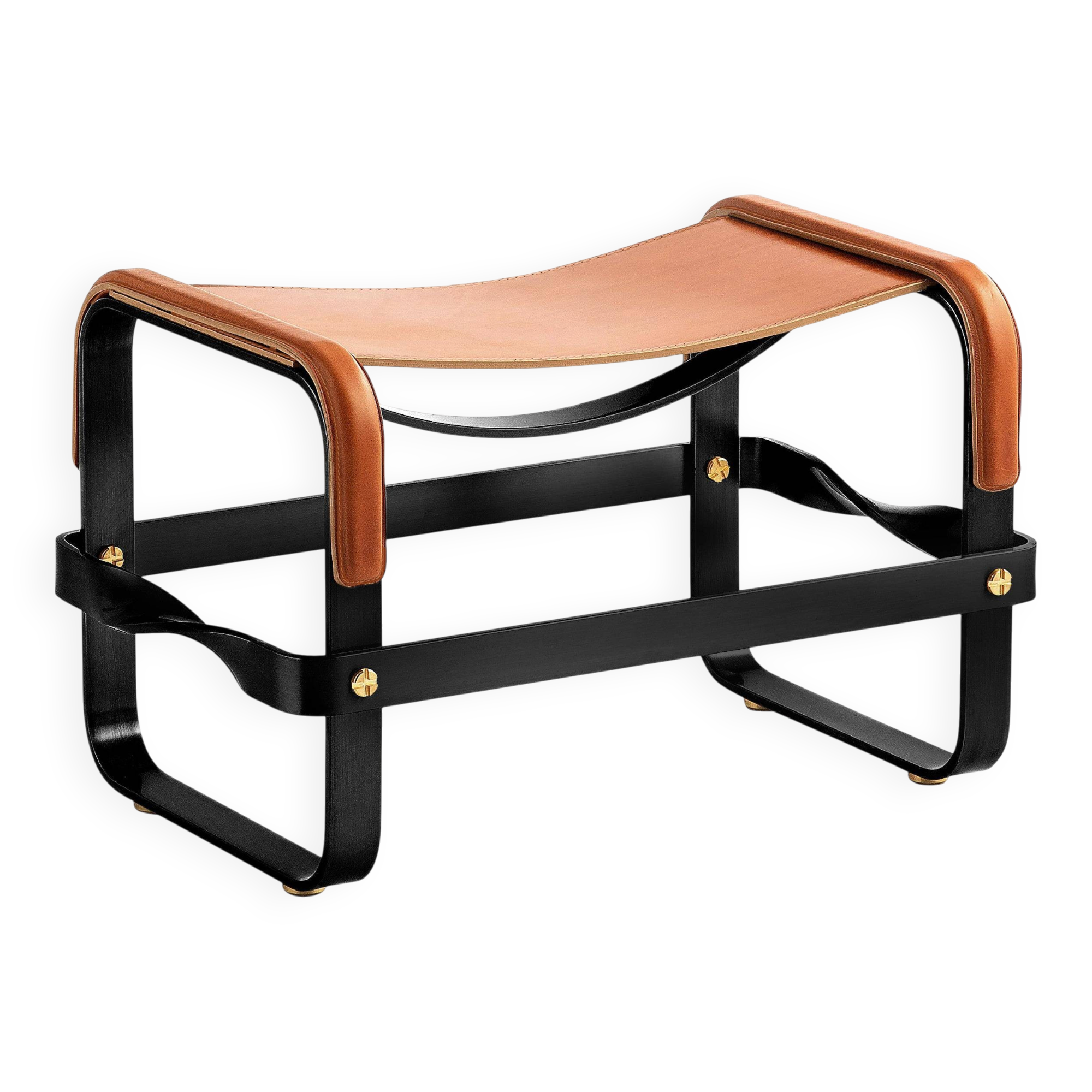 Smoked Black Steel Footrest and Natural Tobacco Leather, Contemporary Style