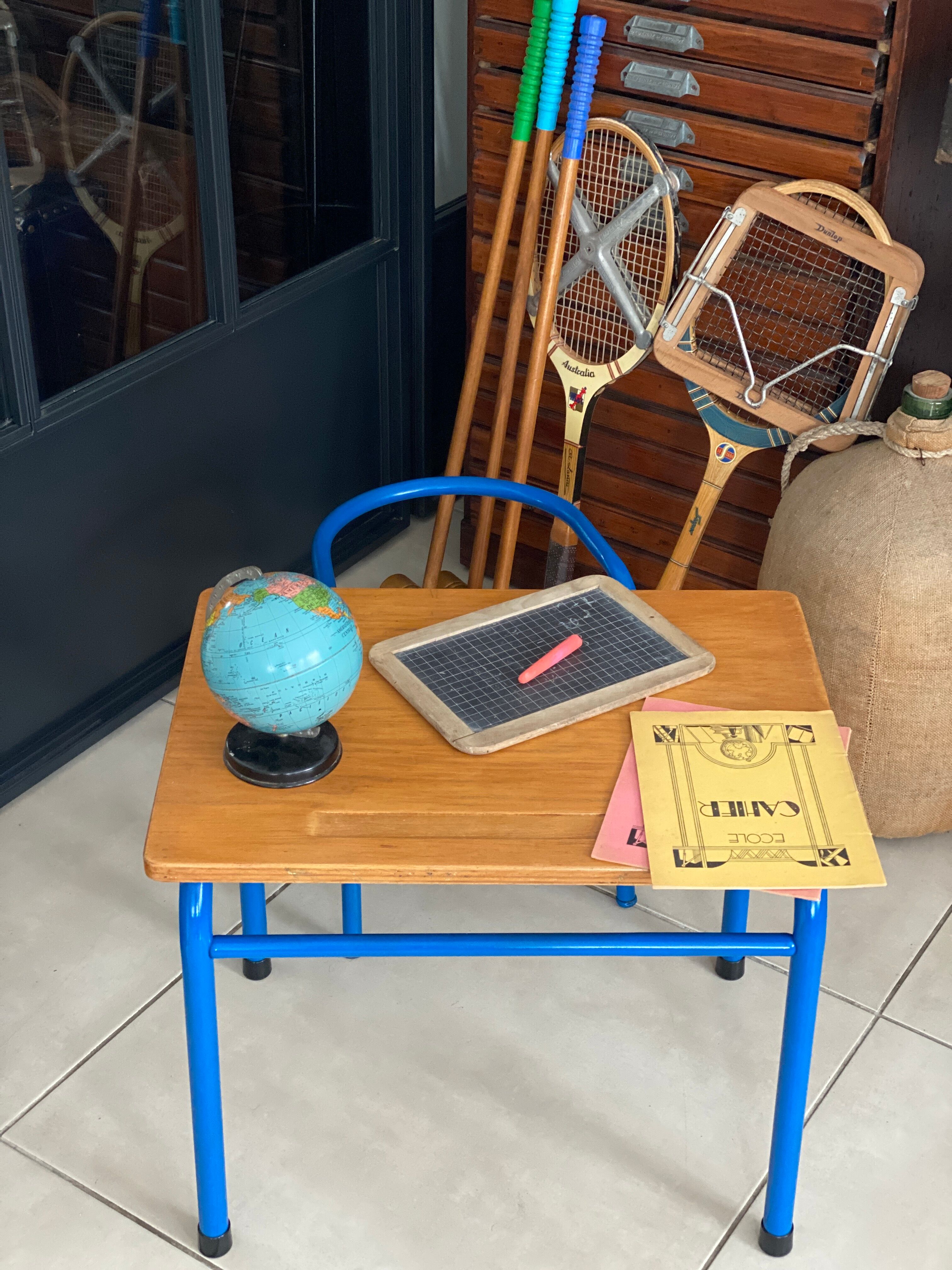 Blue desk and school chair set  design Jacques Hitier