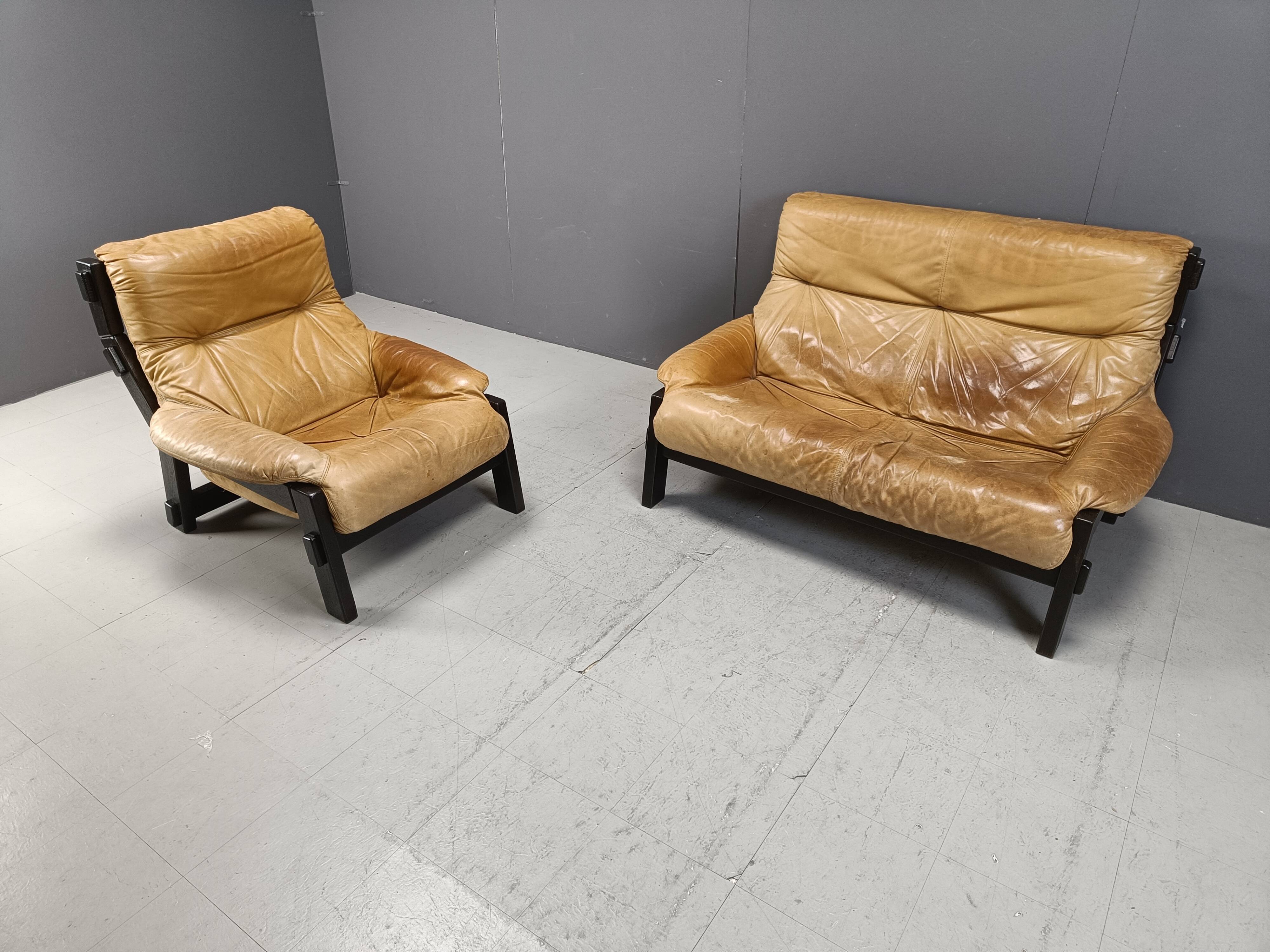 Vintage brown leather sofa set, 1960s