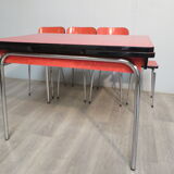 Table, 3 chairs and red formica stool