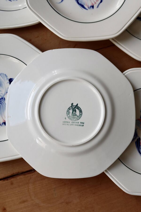 6 assiettes à dessert vintage faïence forme octogonale Moulin des Loups