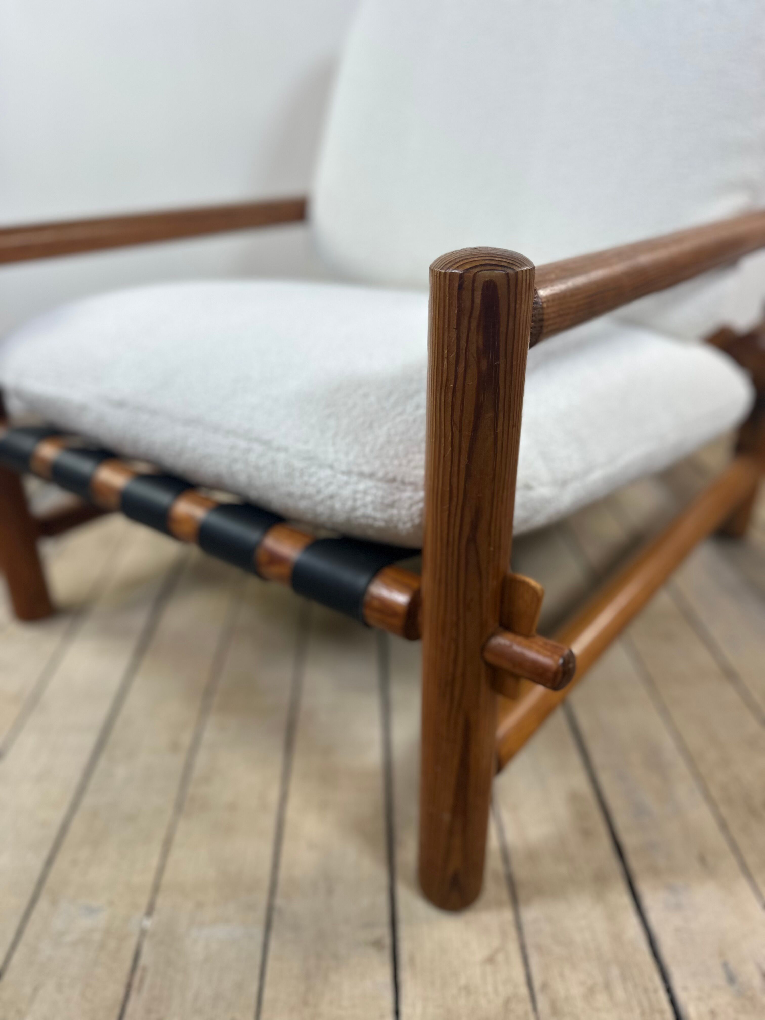 Vintage Lounge Armchair Solid Pine 1970 Boucle Fabric Ecru