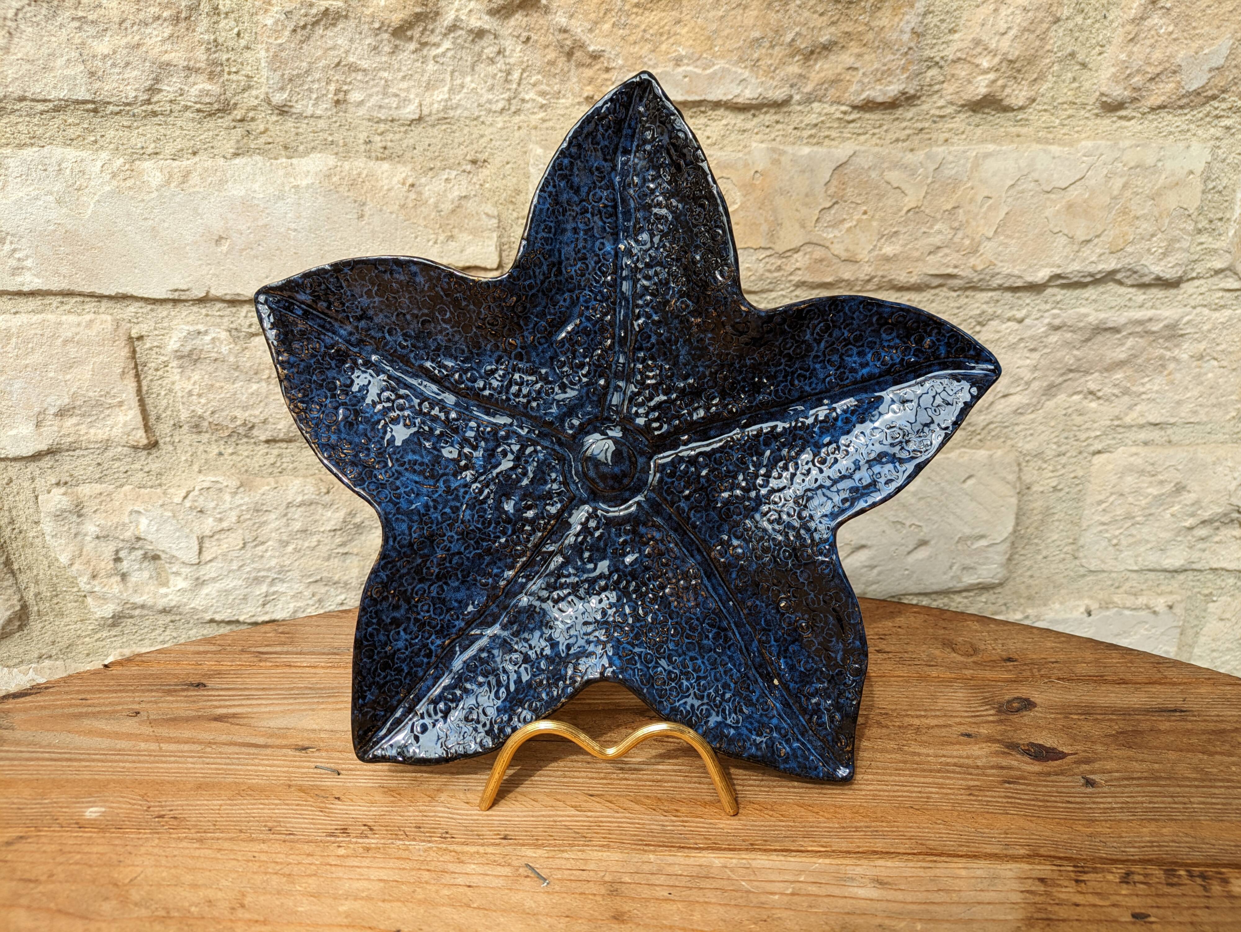 Blue ceramic starfish shaped flat plate