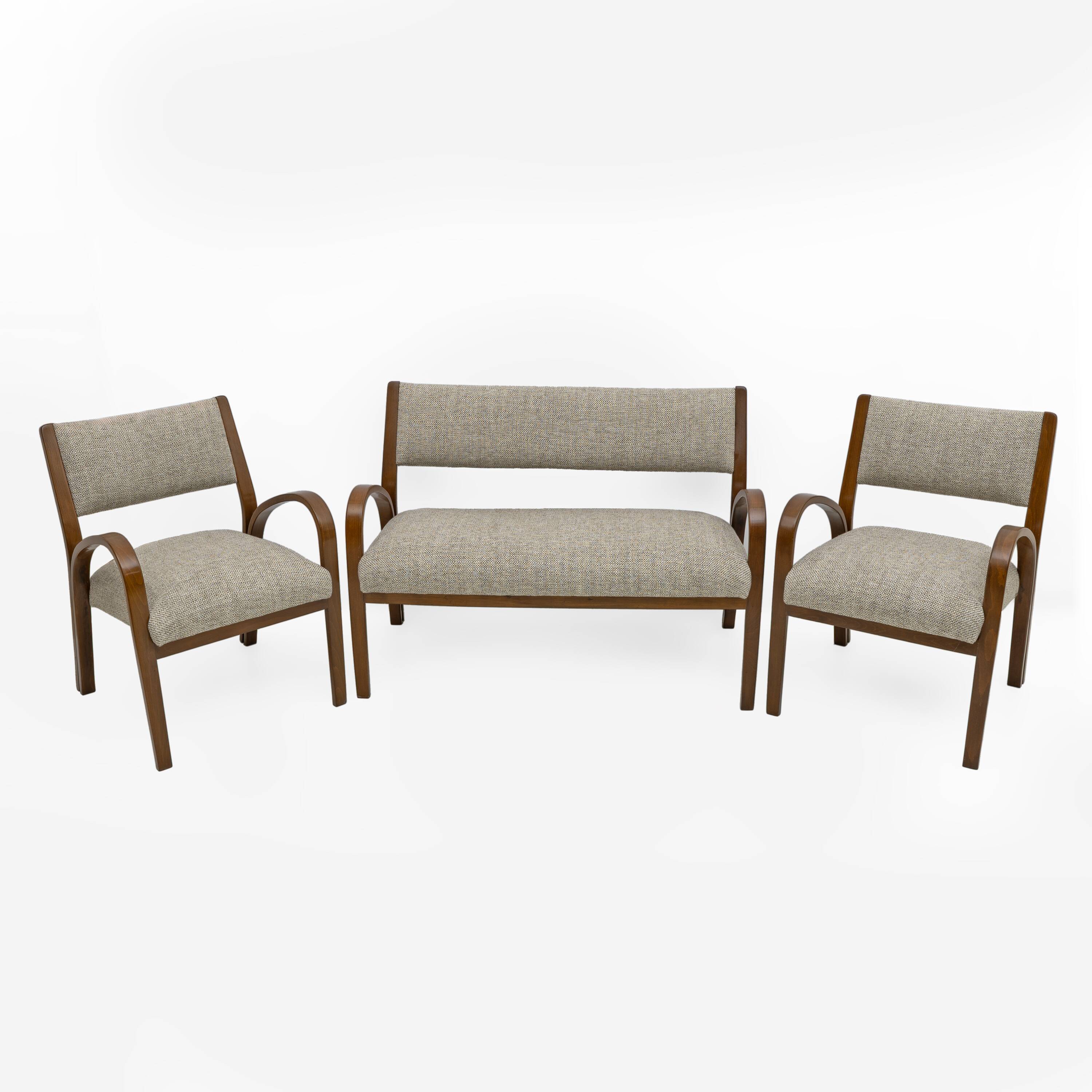 Art Deco Italian Fabric Two Armchairs and Small Sofa, 1930s