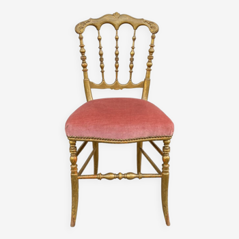 chaise Napoléon III en bois doré et velours rose, chaise ancienne Chiavari en bois