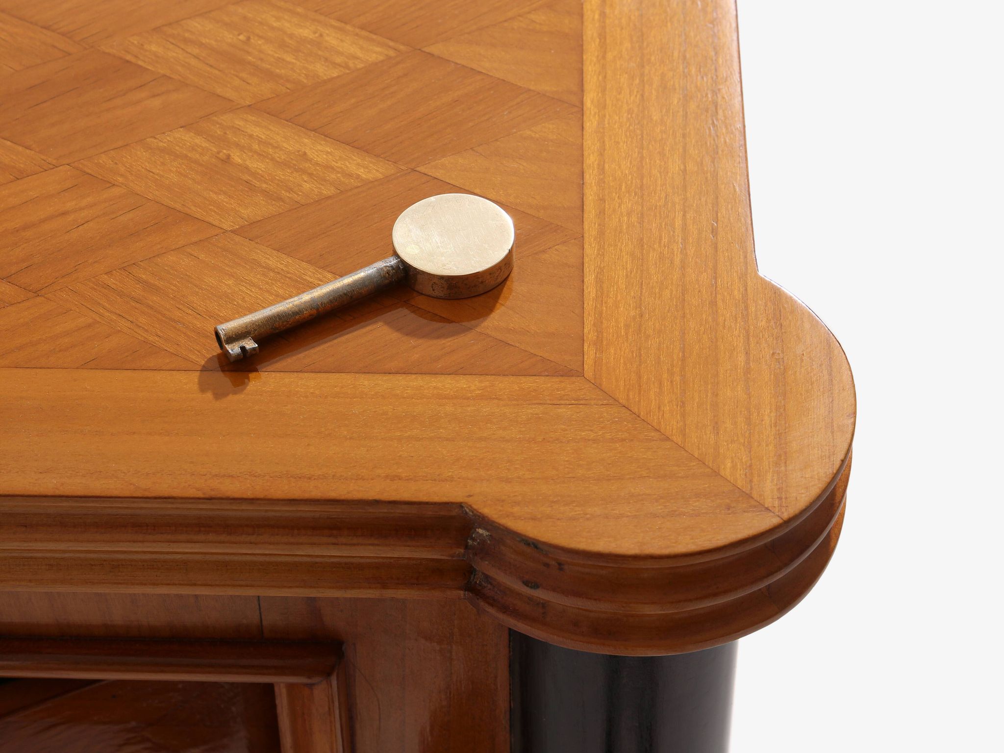Jules Leleu cherry wood cabinet with marquetry, 2 doors, bronze, 1940.
