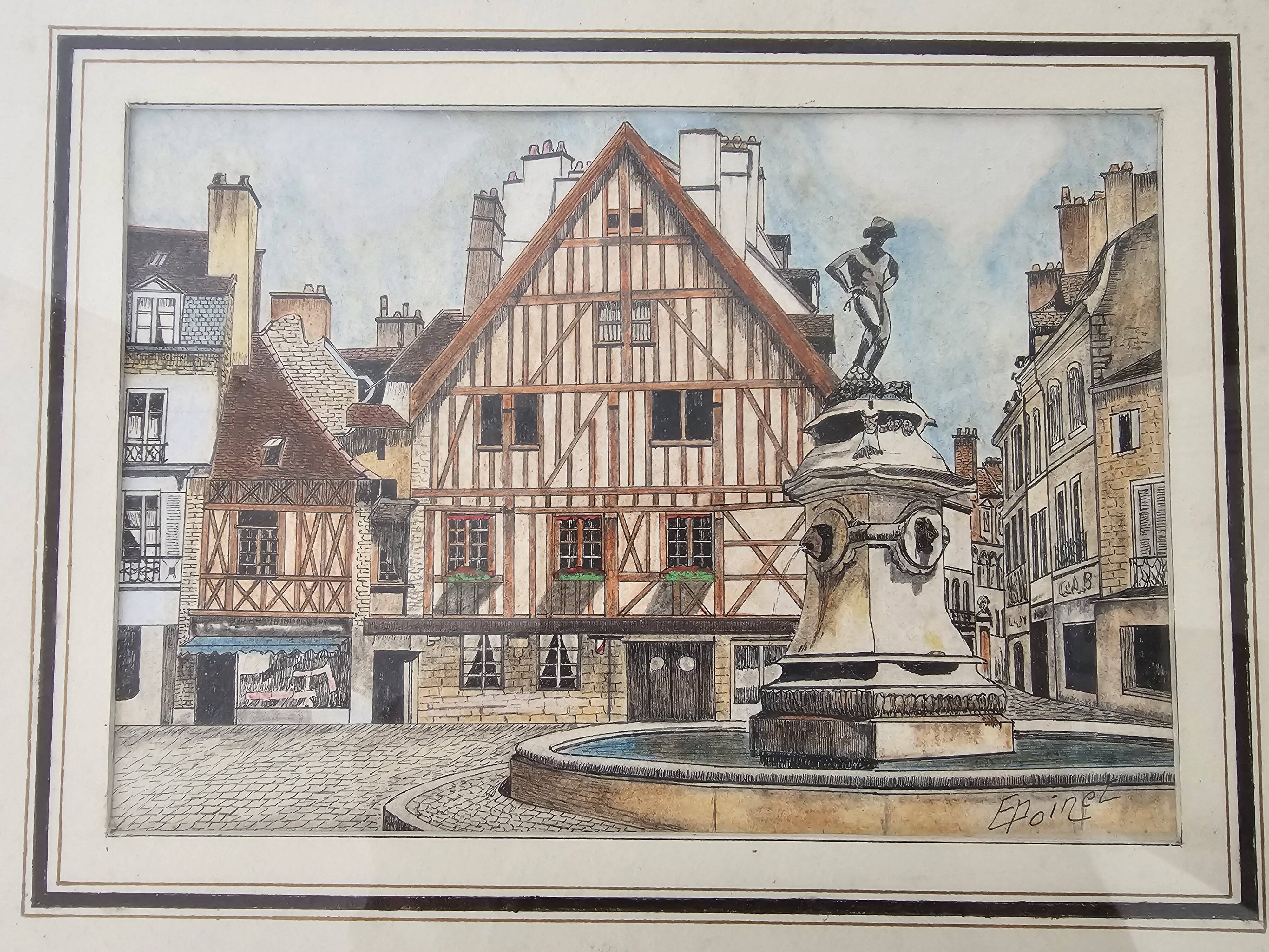 Tableau Ink and pastel - Dijon Place François-Rude - E Poinet