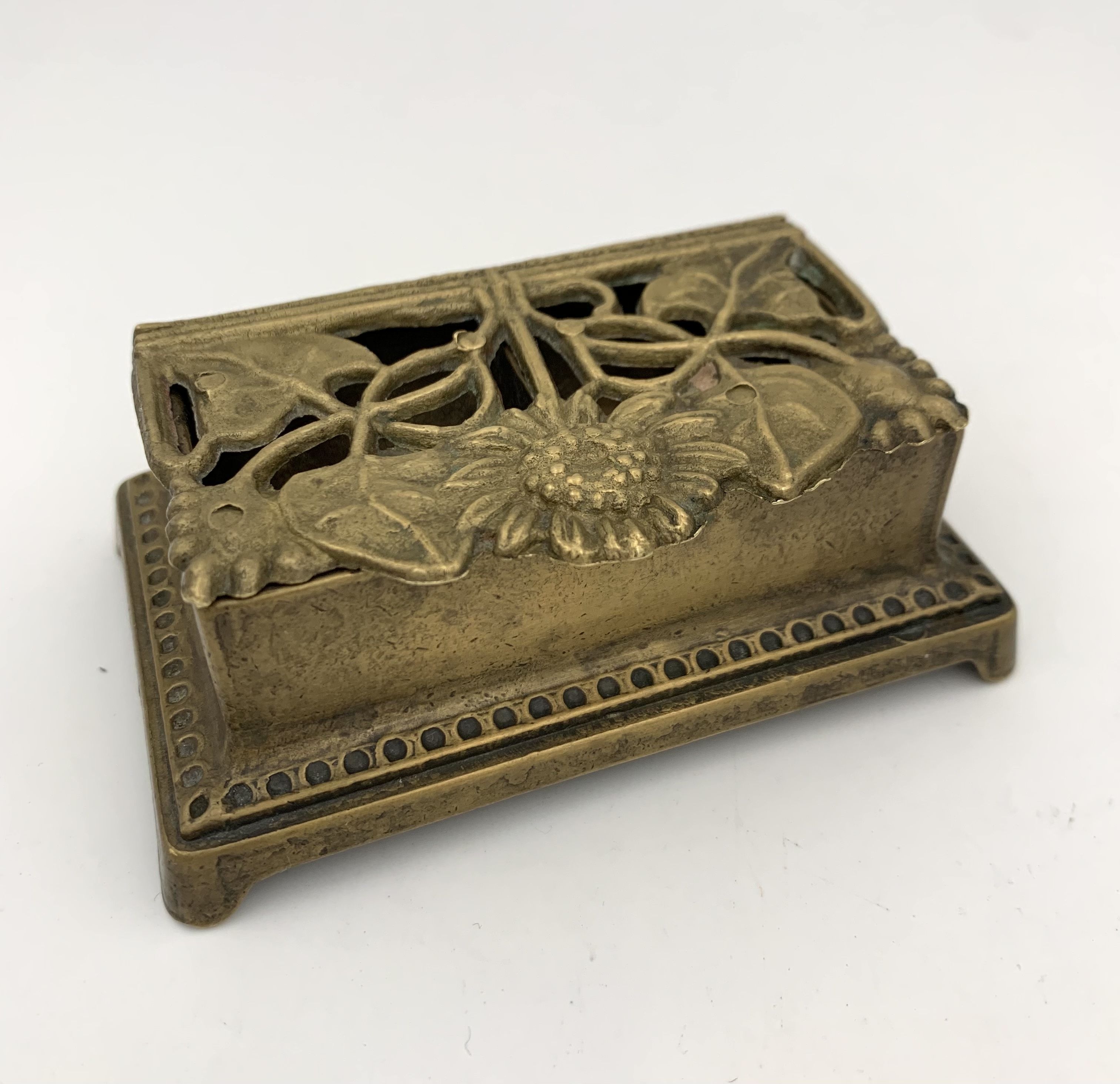 Old brass stamp box, floral decoration - twentieth century