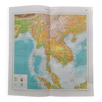 Carte géographique issue Atlas Quillet  année 1925  carte Indochine physique