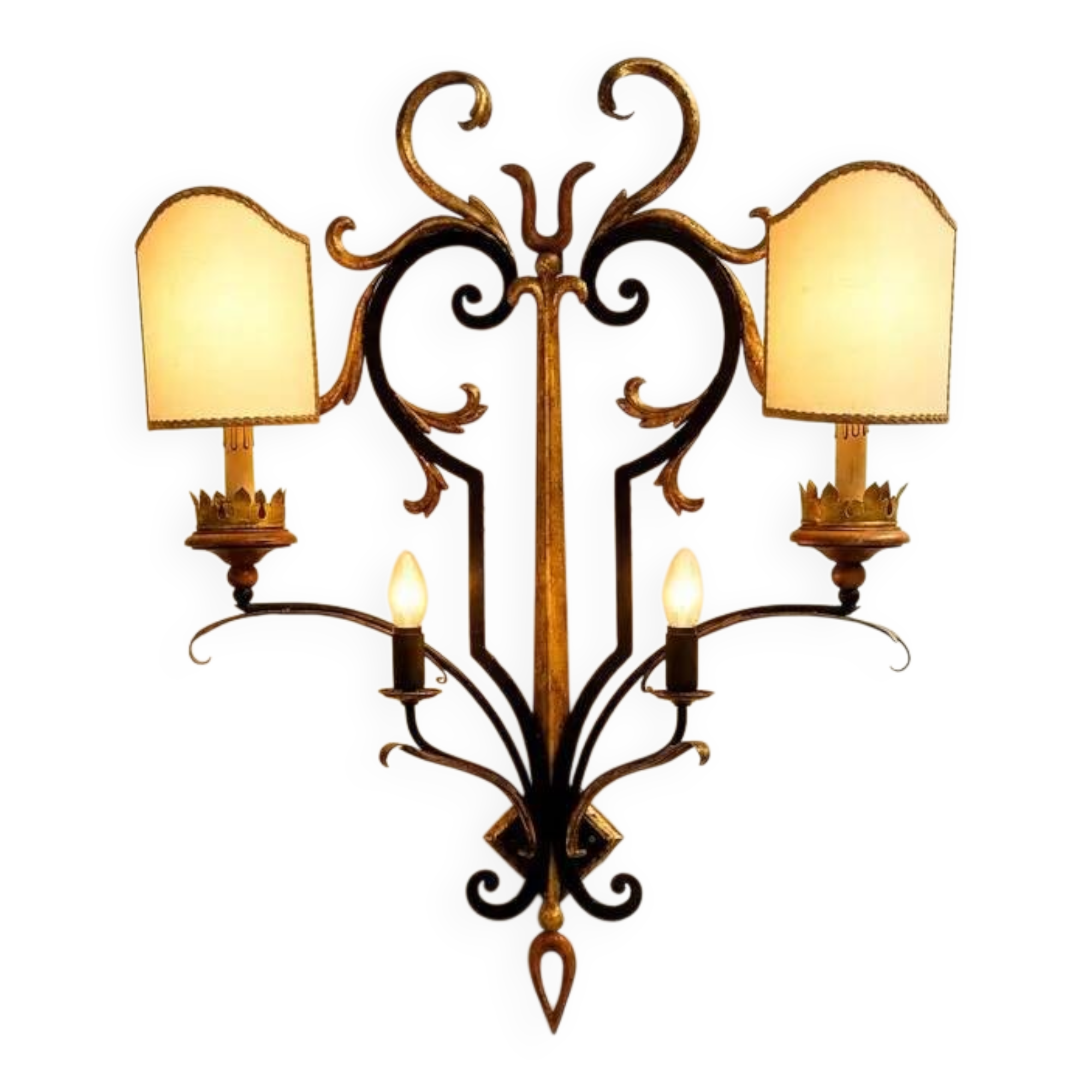 Vintage Florentine Wall Sconce XL in Forged Iron and Painted Sheet Metal – Black and Gold, 1970s