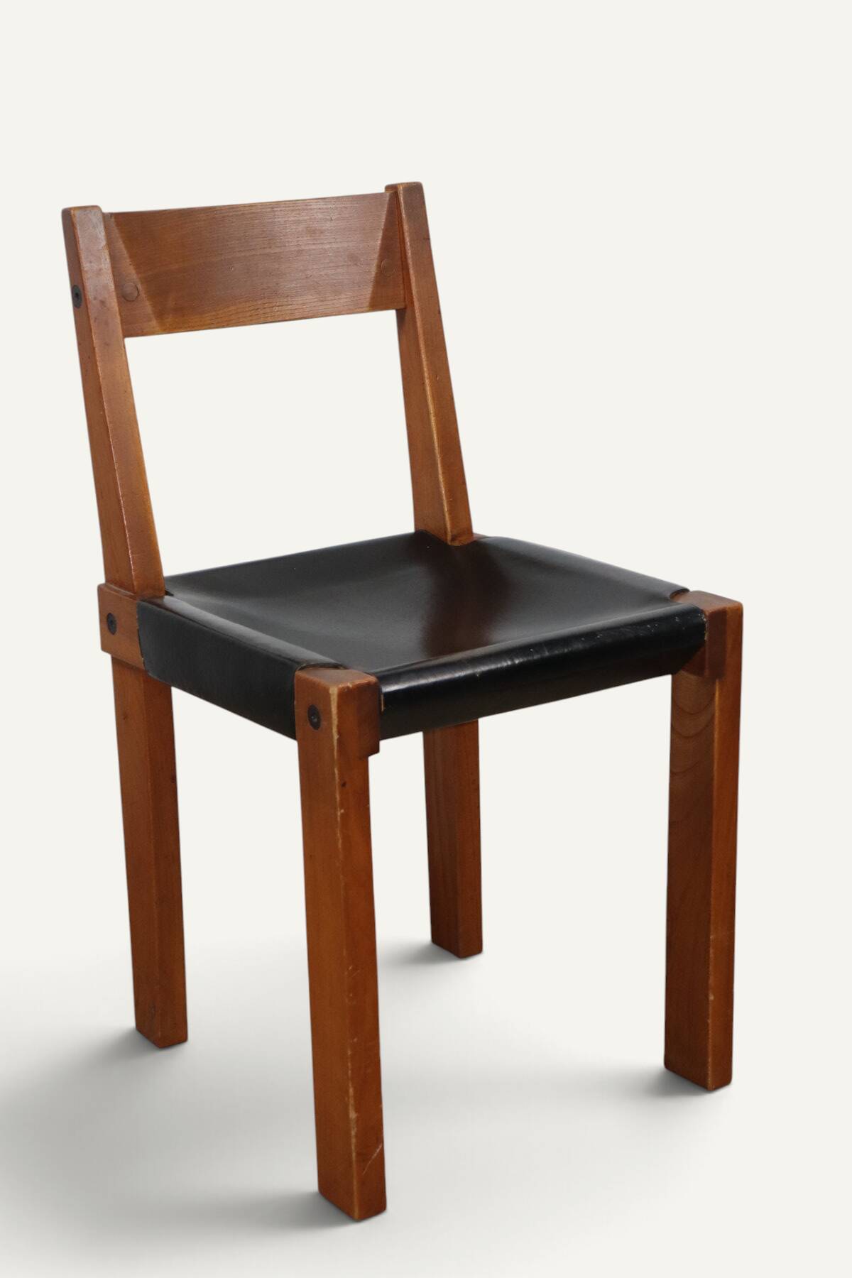 Chair S24 by Pierre Chapo – Solid elm and black leather – 1970