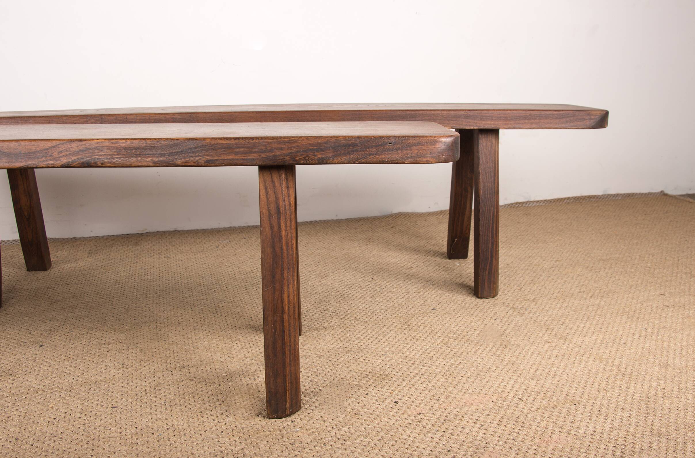 Pair of Scandinavian benches in Solid Elm by Olavi Hanninen 1960.
