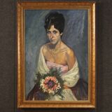 Tableau portrait d'une dame au bouquet de fleurs du 20ème siècle